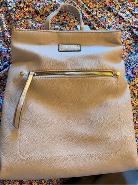 NWT Taupe Faux Leather Tote Backpack with Front Zip Pocket